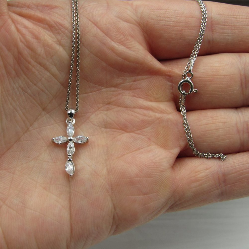 16" Sterling Silver Cubic Zirconia Cross Necklace - Picture 2 of 6